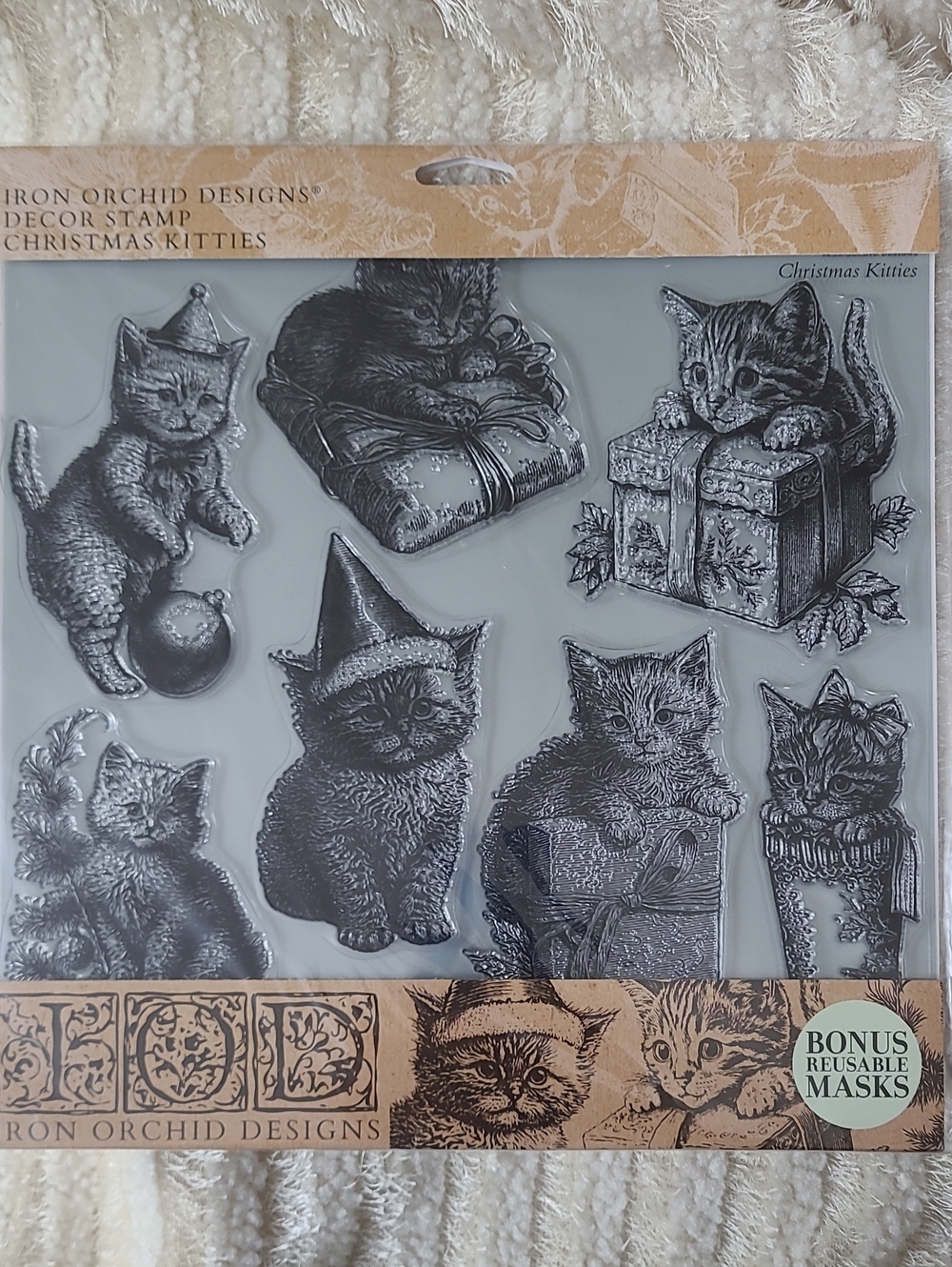 NEW IOD Iron Orchid Designs Christmas Kitties Clear Stamps 12" x 12" BONUS Masks
